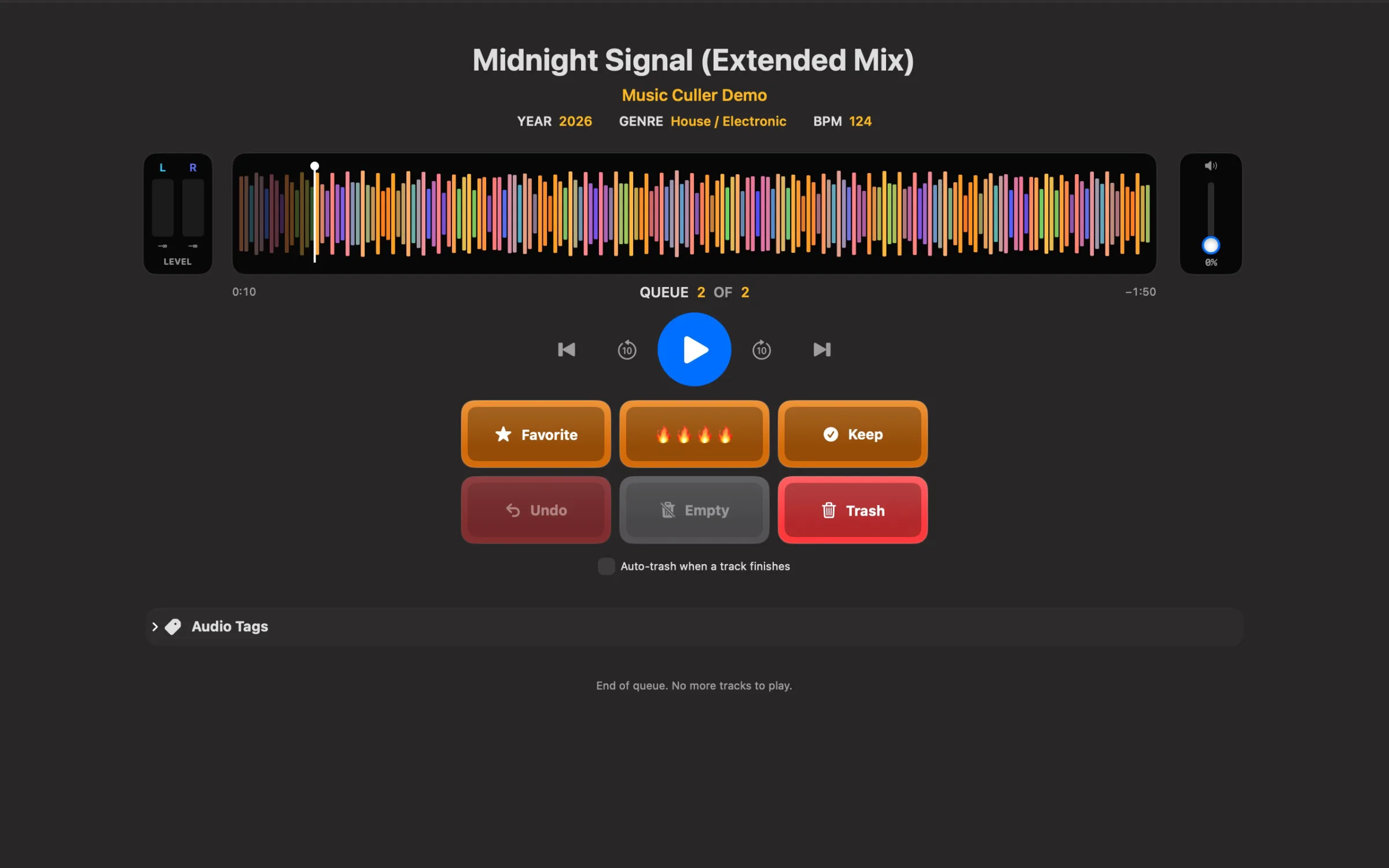 Music Culler for Mac showing its waveform, audio meters, metadata and sorting controls.